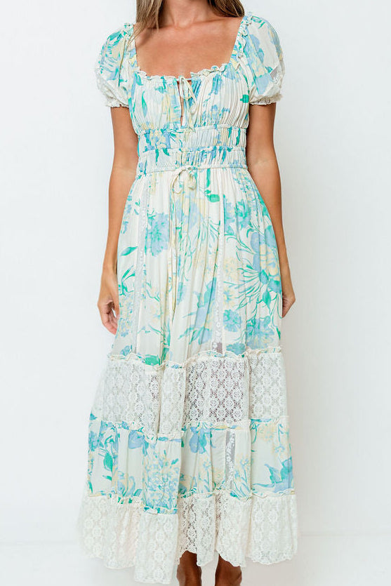 Marcey Floral and Lace Tiered Maxi Dress in Cream/Mint