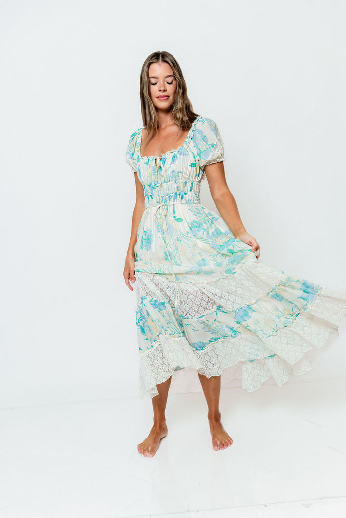 Marcey Floral and Lace Tiered Maxi Dress in Cream/Mint