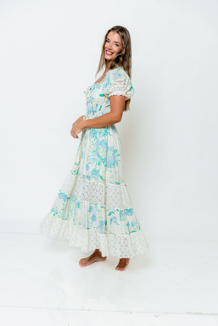 Marcey Floral and Lace Tiered Maxi Dress in Cream/Mint