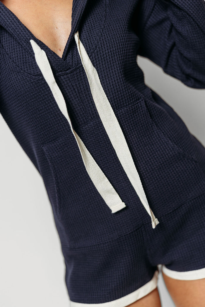 Maren Hooded Waffle Knit Romper in Navy