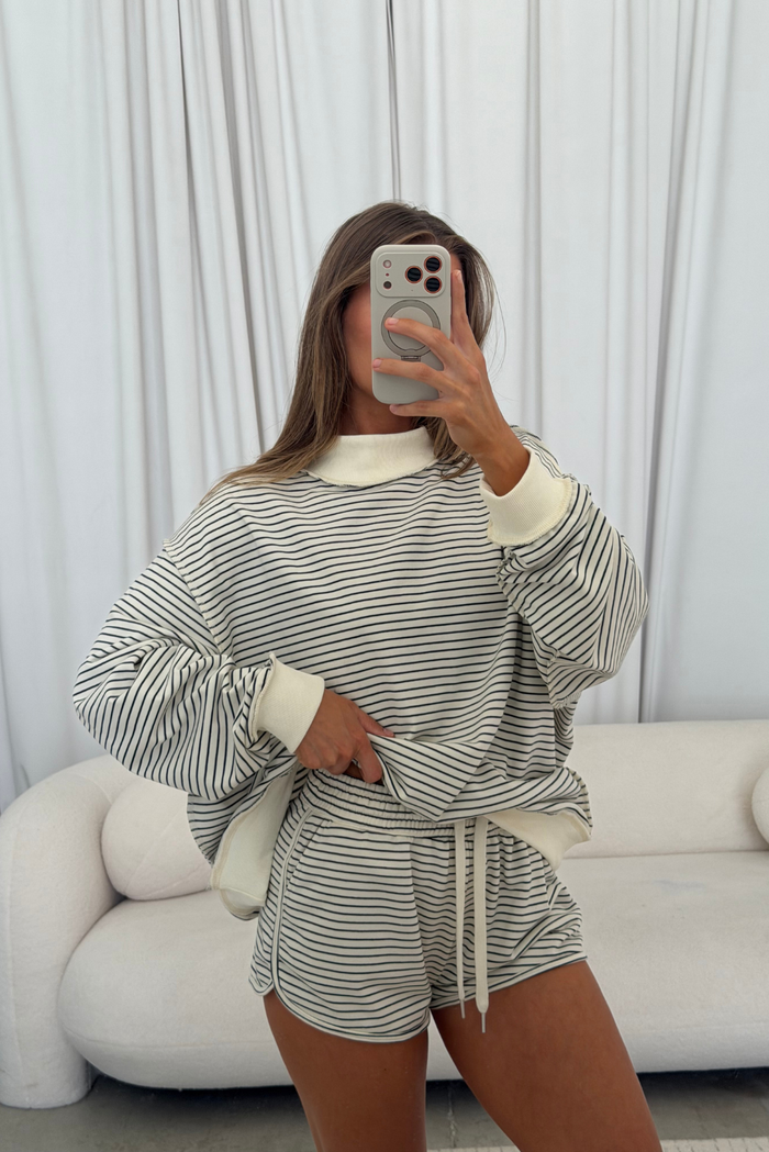 Margot Striped Mock Neck Oversized Sweatshirt in Cream/Navy