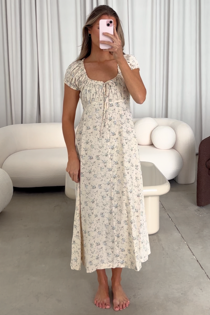 Marley 100% Cotton Midi Dress in Ivory/Blue - Bump Friendly