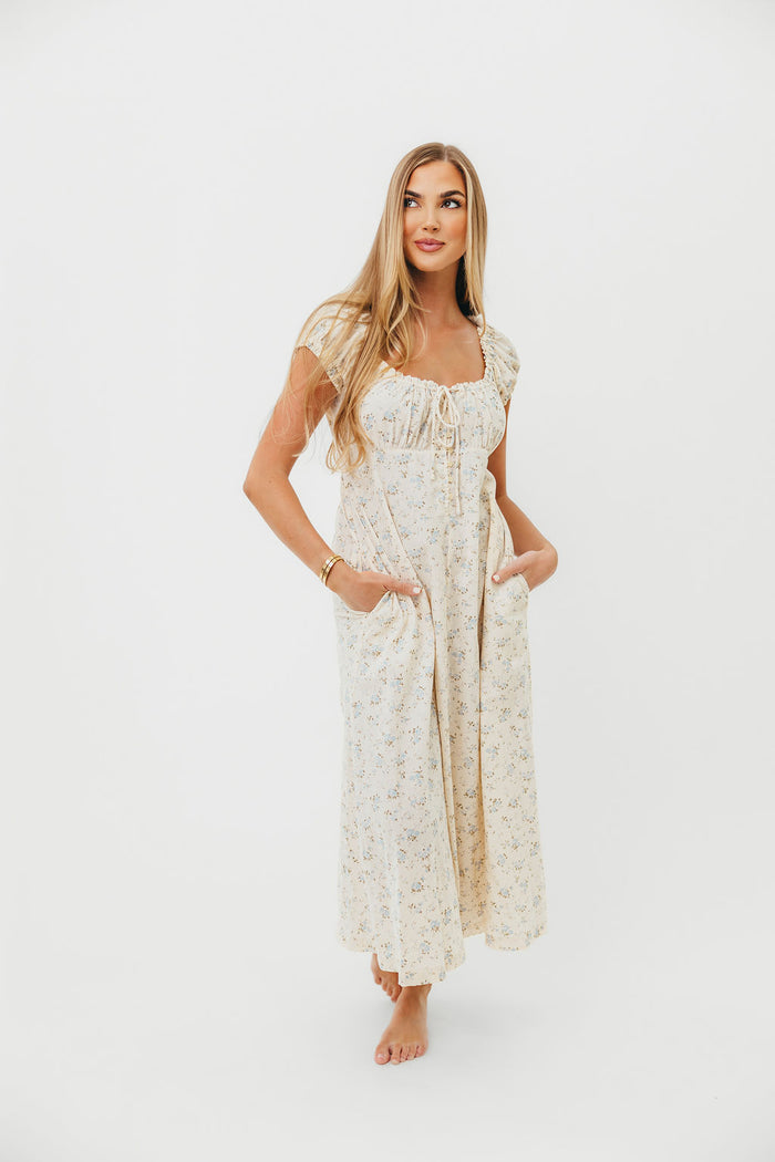 Marley 100% Cotton Midi Dress in Ivory/Blue - Bump Friendly