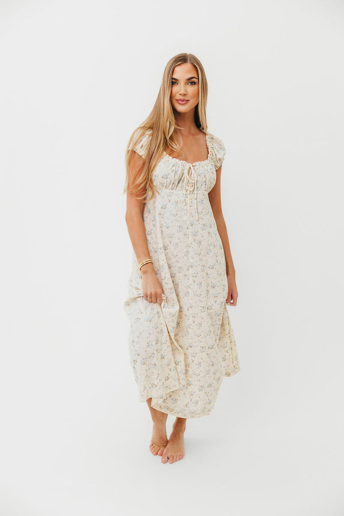 Marley 100% Cotton Midi Dress in Ivory/Blue - Bump Friendly