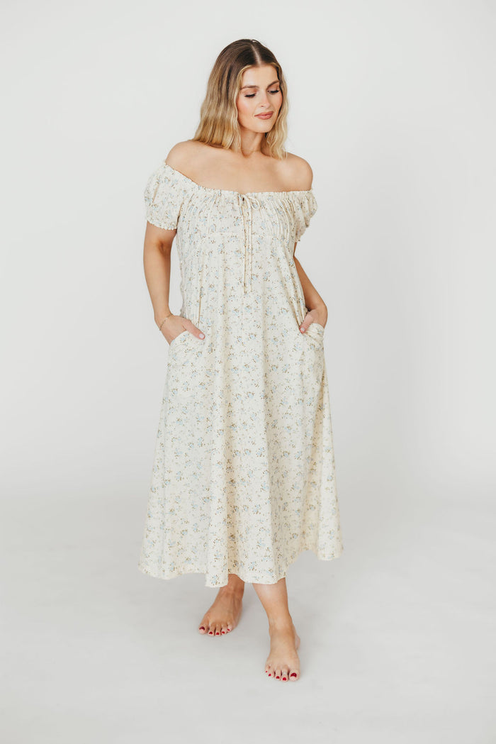 Marley 100% Cotton Midi Dress in Ivory/Blue - Bump Friendly