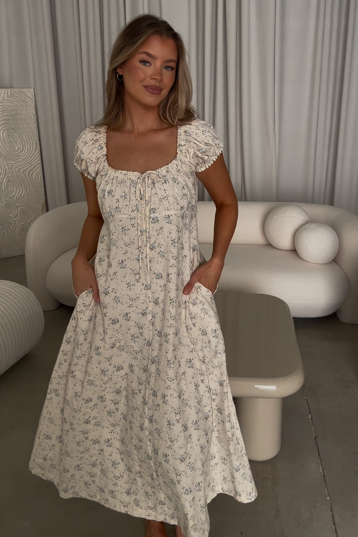 Marley 100% Cotton Midi Dress in Ivory/Blue - Bump Friendly