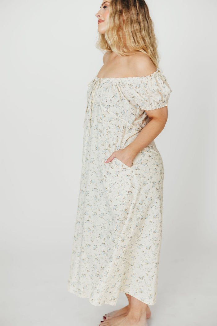 Marley 100% Cotton Midi Dress in Ivory/Blue - Bump Friendly