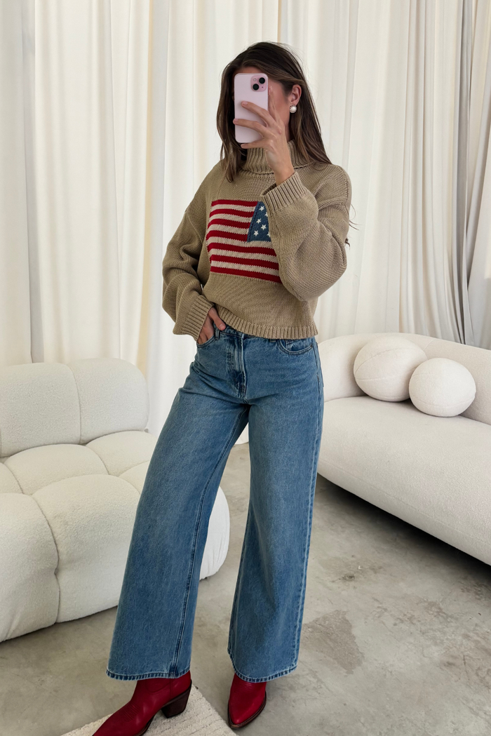Martha American Flag Turtle Neck Sweater in Straw