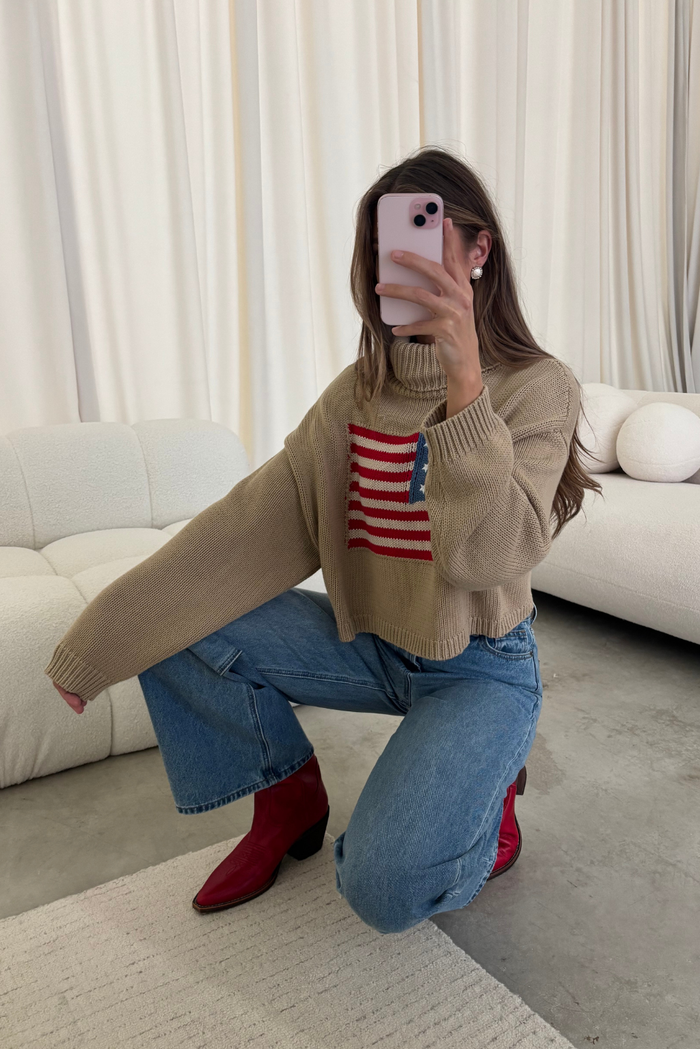 Martha American Flag Turtle Neck Sweater in Straw