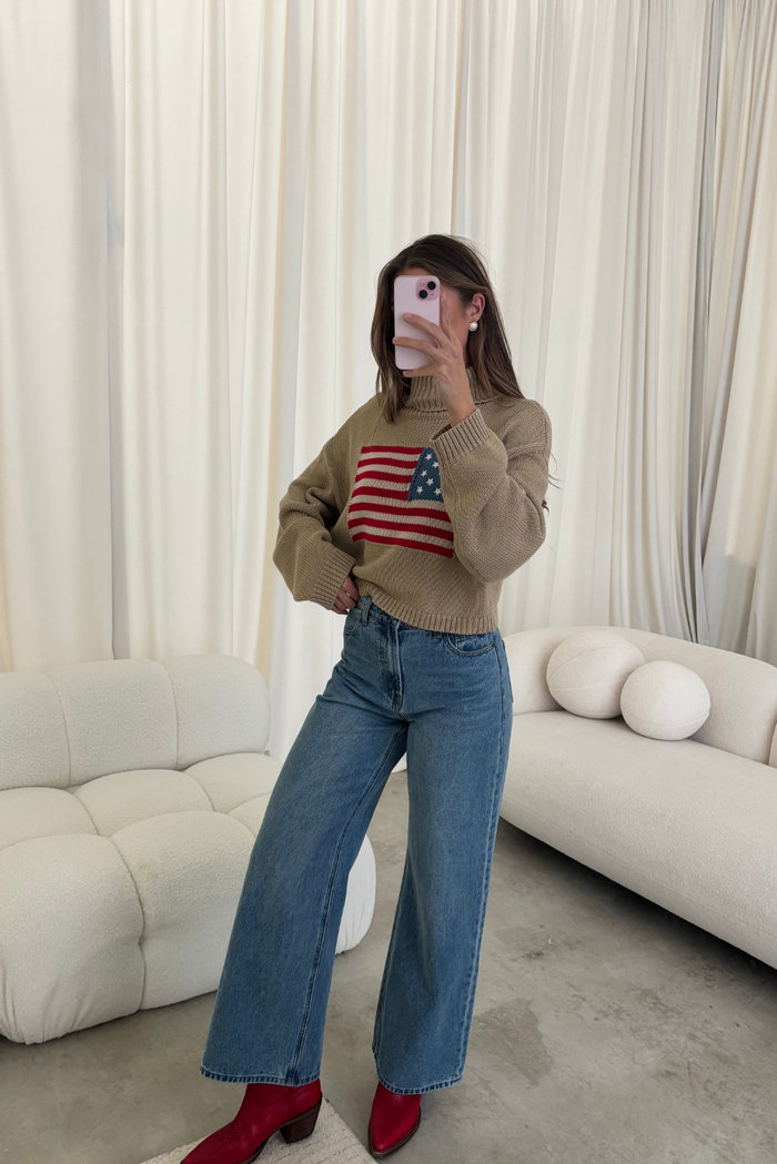 Martha American Flag Turtle Neck Sweater in Straw