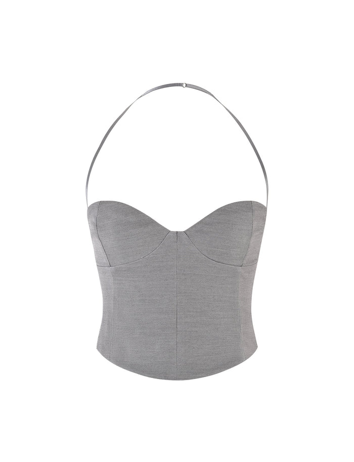 TIGERMIST's MCKAY TOP - GREY is a strapless top featuring a sweetheart neckline, tailored bodice, curved hem, and an adjustable halter neck strap. Its smooth, fitted fabric is designed to accentuate the waist for a sleek and modern look.