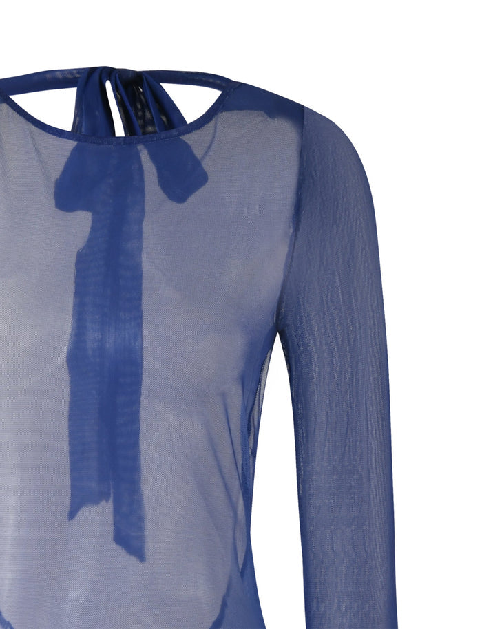 Close-up of the MEILANI DRESS - BLUE OMBRE from TIGERMIST, showcasing its sheer, long sleeves and round neckline with a keyhole opening tied at the back with a ribbon.