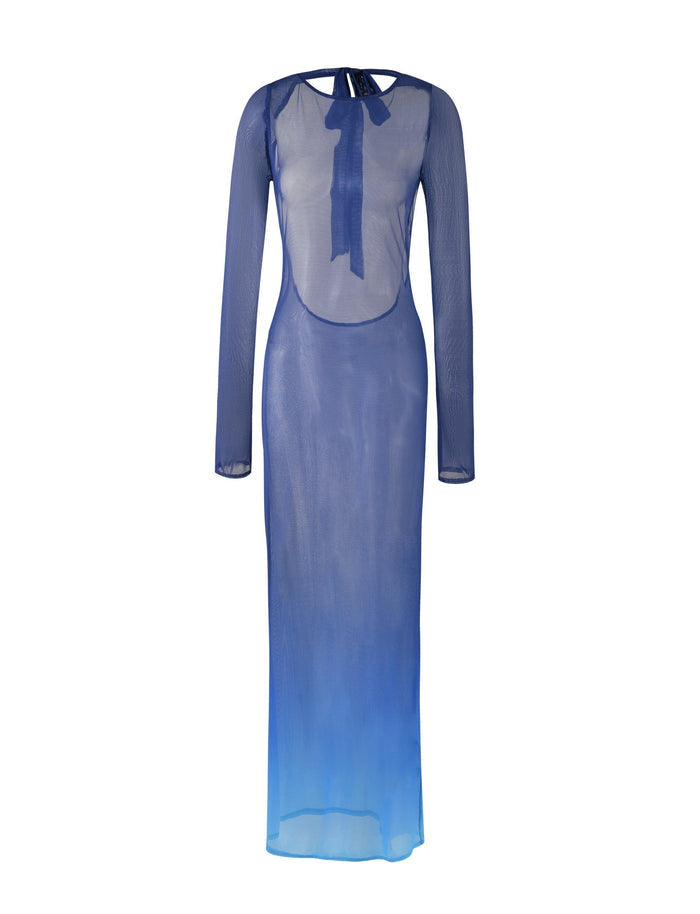 The MEILANI DRESS - BLUE : OMBRE by TIGERMIST is a long-sleeve sheer maxi dress featuring a stunning gradient effect that transitions to a lighter blue at the hem. The dress is designed with a high neckline and includes an elegant keyhole tie detail at the back.