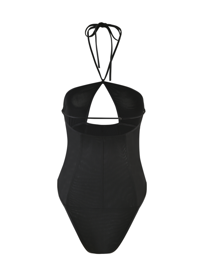 The MELANIA BODYSUIT - BLACK by TIGERMIST is a high-cut, black one-piece with a halter neck and open back, crafted from high stretch fabric and showcased on a plain background.