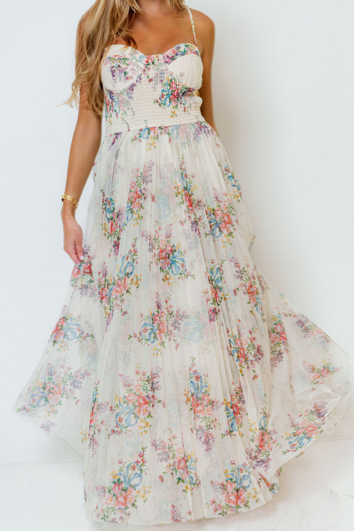 Melissa Pleated Floral Tulle Maxi Dress in Ivory Multi