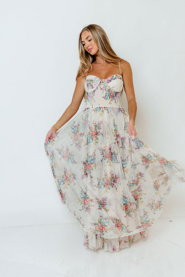 Melissa Pleated Floral Tulle Maxi Dress in Ivory Multi