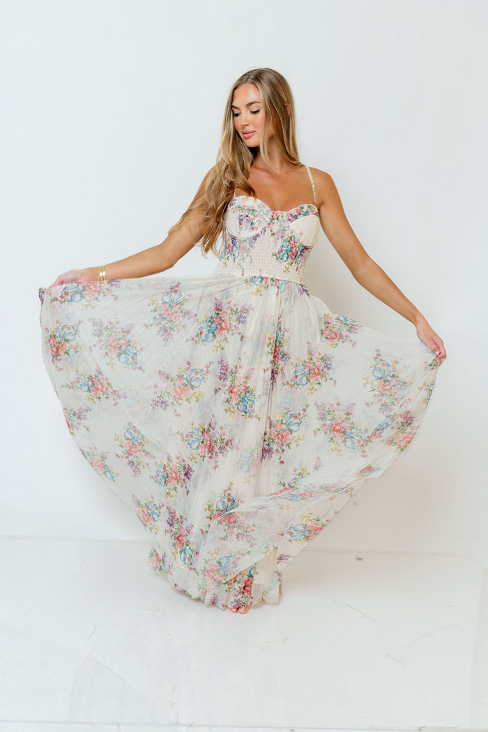 Melissa Pleated Floral Tulle Maxi Dress in Ivory Multi
