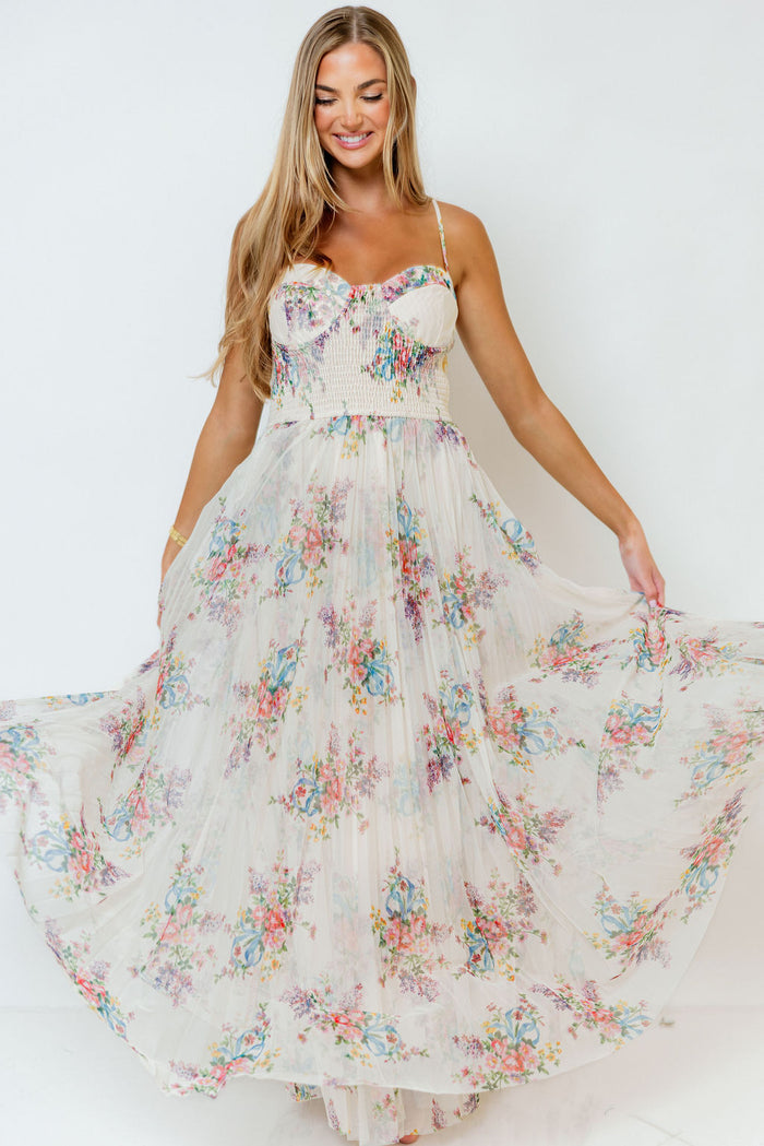 Melissa Pleated Floral Tulle Maxi Dress in Ivory Multi