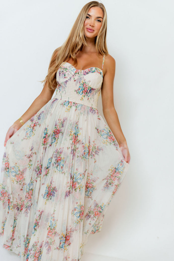 Melissa Pleated Floral Tulle Maxi Dress in Ivory Multi