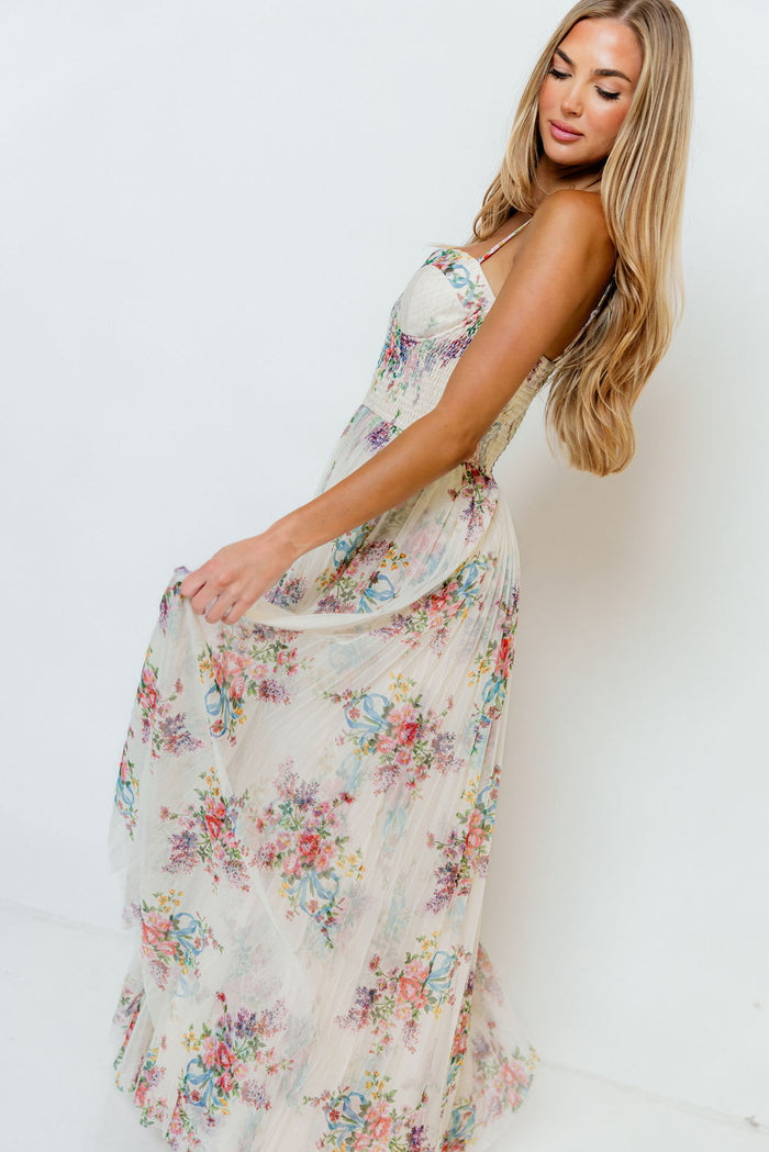 Melissa Pleated Floral Tulle Maxi Dress in Ivory Multi