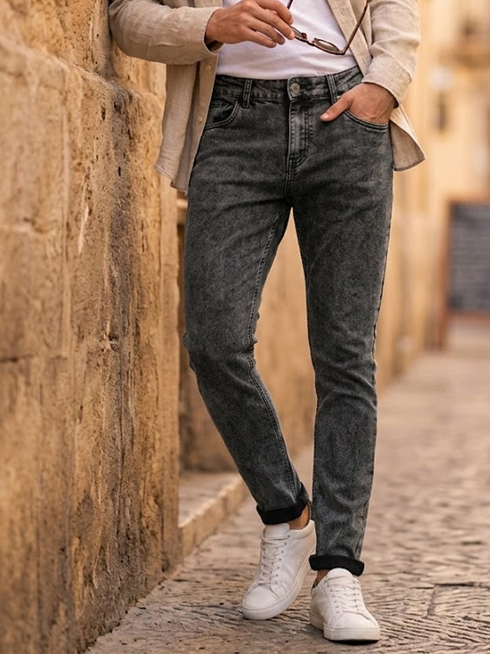 Men's Black Regular Fit Washed Jeans Stretchable