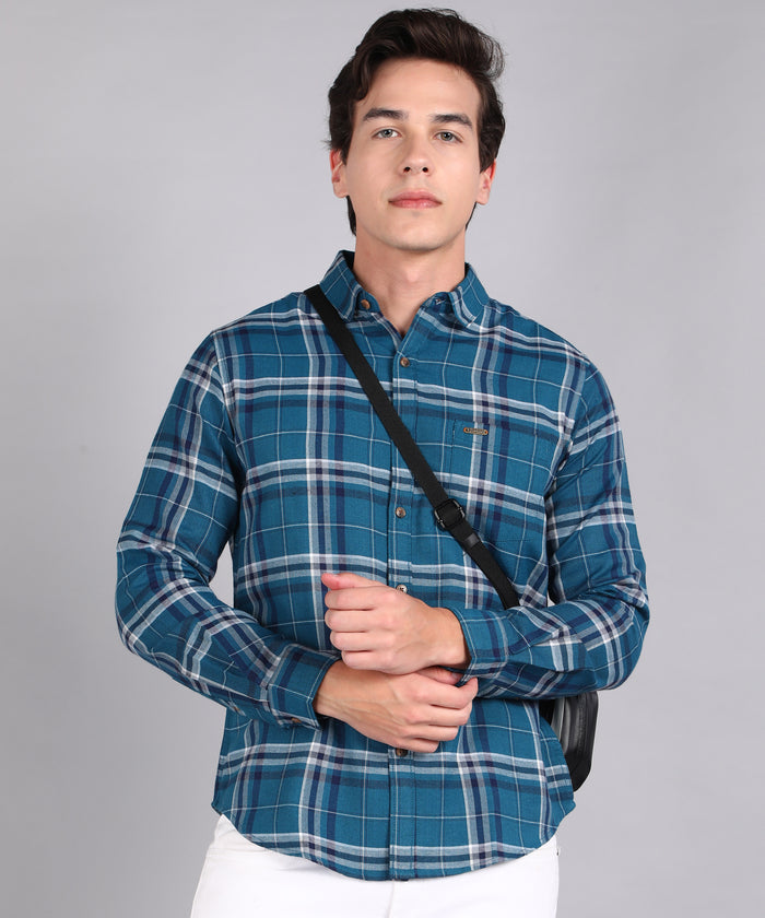 Men's Blue Cotton Full Sleeve Slim Fit Casual Checkered Shirt