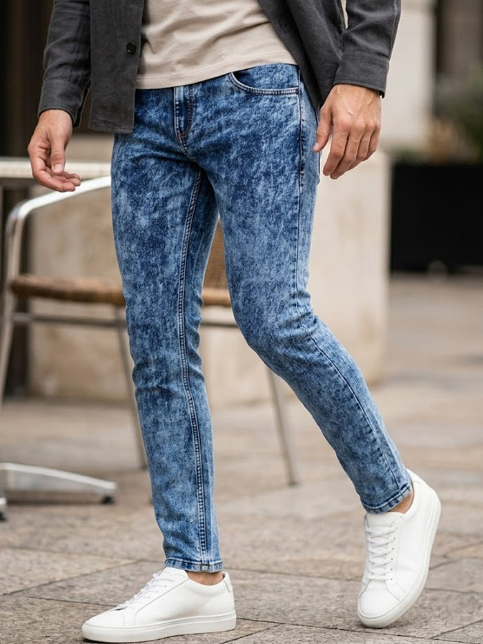 Men's Blue Regular Fit Washed Jeans Stretchable