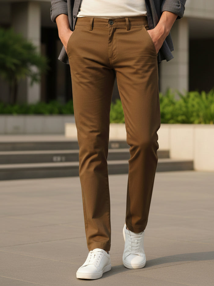 Men's Brown Cotton Slim Fit Casual Chinos Trousers Stretch