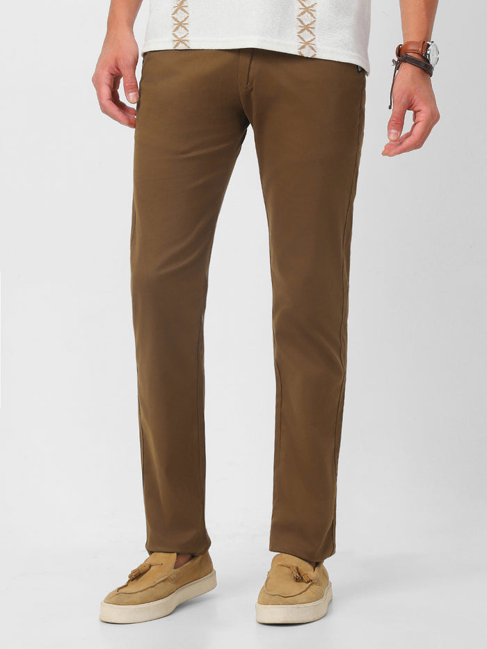 Men's Brown Cotton Slim Fit Casual Chinos Trousers Stretch