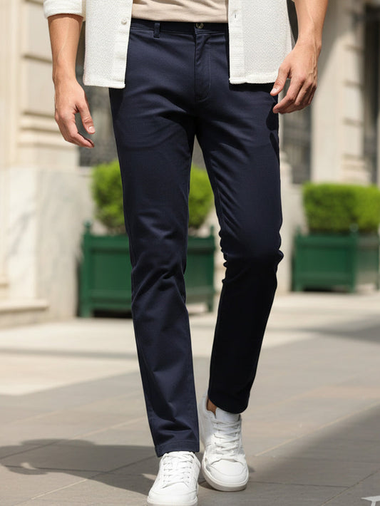 Men's Dark Blue Cotton Slim Fit Casual Chinos Trousers
