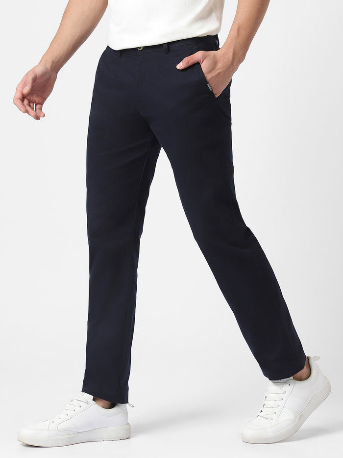 Men's Dark Blue Cotton Slim Fit Casual Chinos Trousers