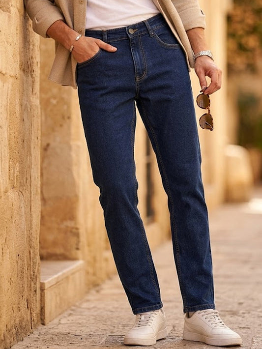 Men's Dark Blue Regular Fit Washed Jeans Stretchable
