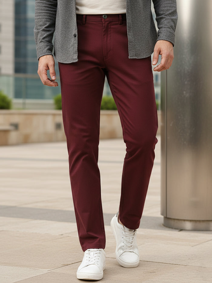Men's Dark Maroon Cotton Slim Fit Casual Chinos Trousers Stretch