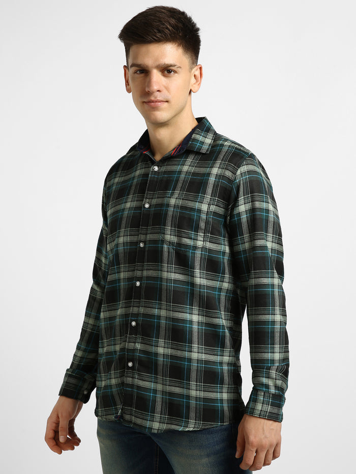 Men's Green Cotton Full Sleeve Slim Fit Casual Checkered Shirtwith Hooded Collar