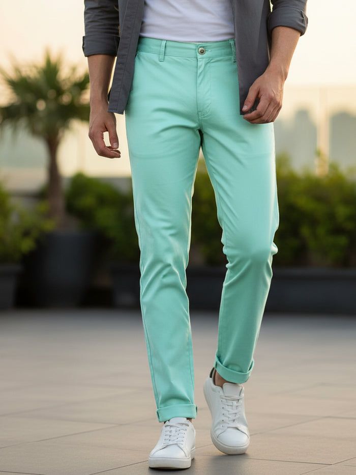 Men's Green Cotton Slim Fit Casual Chinos Trousers