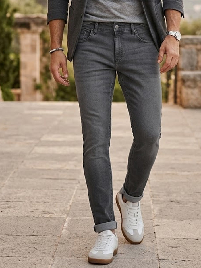 Men's Grey Regular Fit Washed Jeans Stretchable