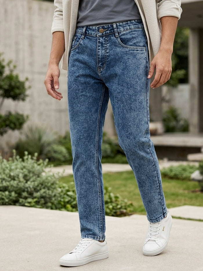 Men's Ice Blue Regular Fit Washed Jeans Stretchable