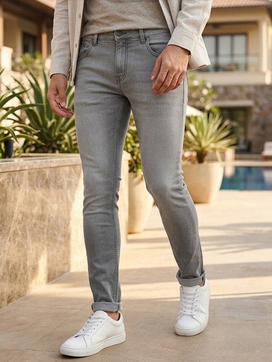 Men's Ice Grey Regular Fit Washed Jeans Stretchable