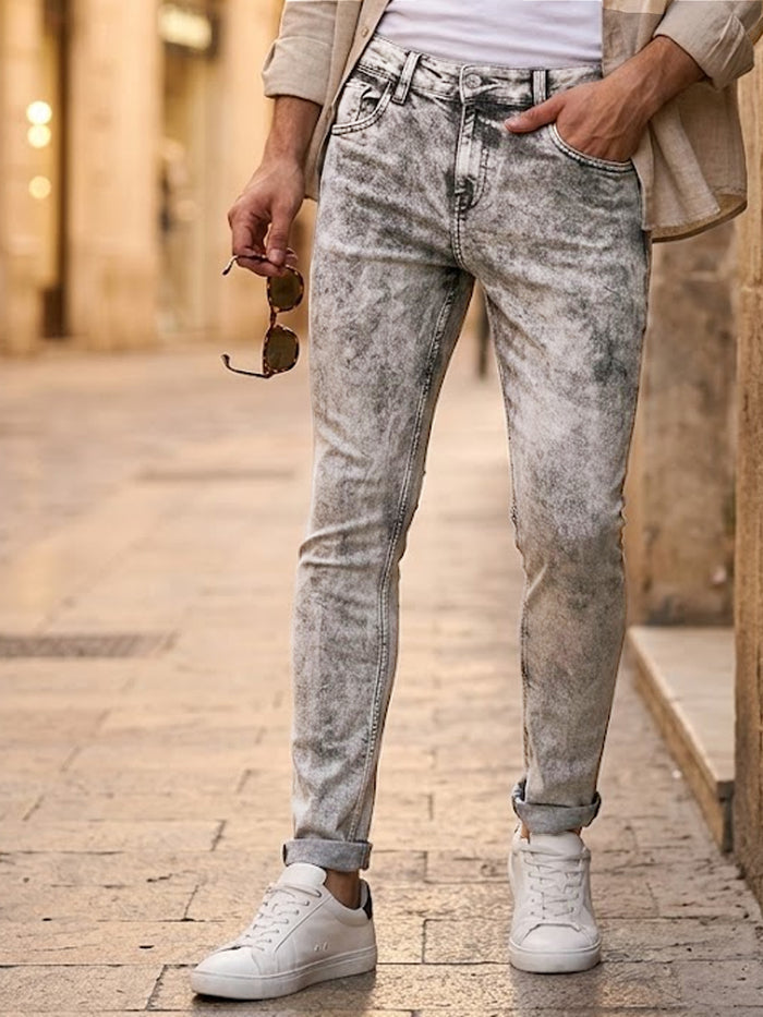 Men's Ice Grey Regular Fit Washed Jeans Stretchable