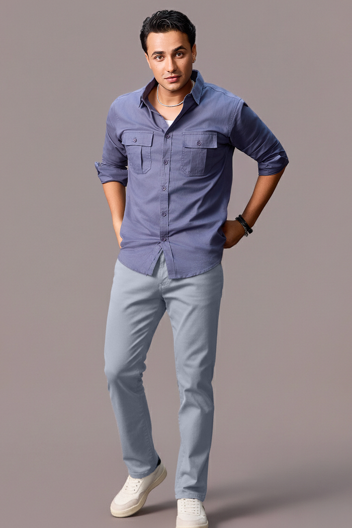 Men's Light Blue Cotton Slim Fit Casual Chinos Trousers Stretch