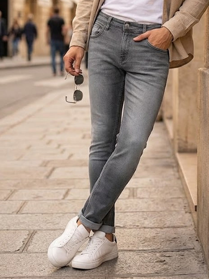 Men's Light Grey Regular Fit Washed Jeans Stretchable