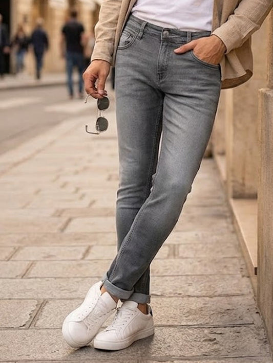 Men's Light Grey Regular Fit Washed Jeans Stretchable