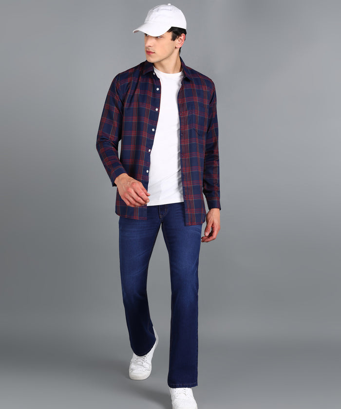 Men's Navy Blue Cotton Full Sleeve Slim Fit Casual Checkered Shirt