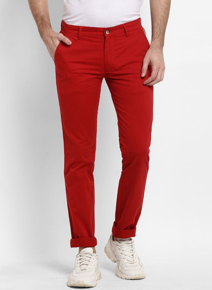 Men's Red Cotton Slim Fit Casual Chinos Trousers Stretch