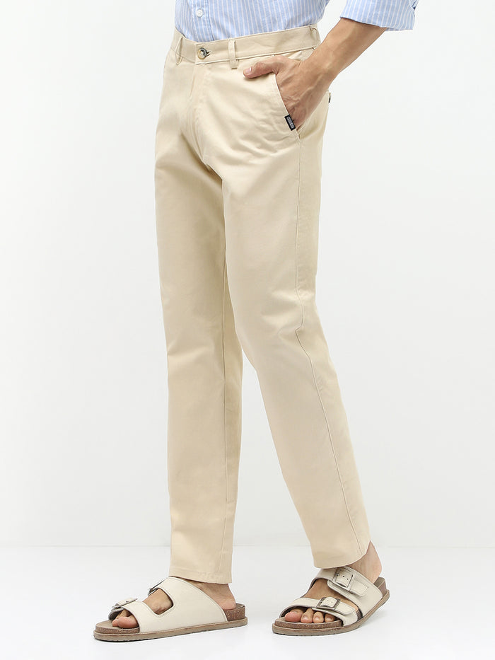 Men's Slim Fit Cream Casual Trousers Stretchable
