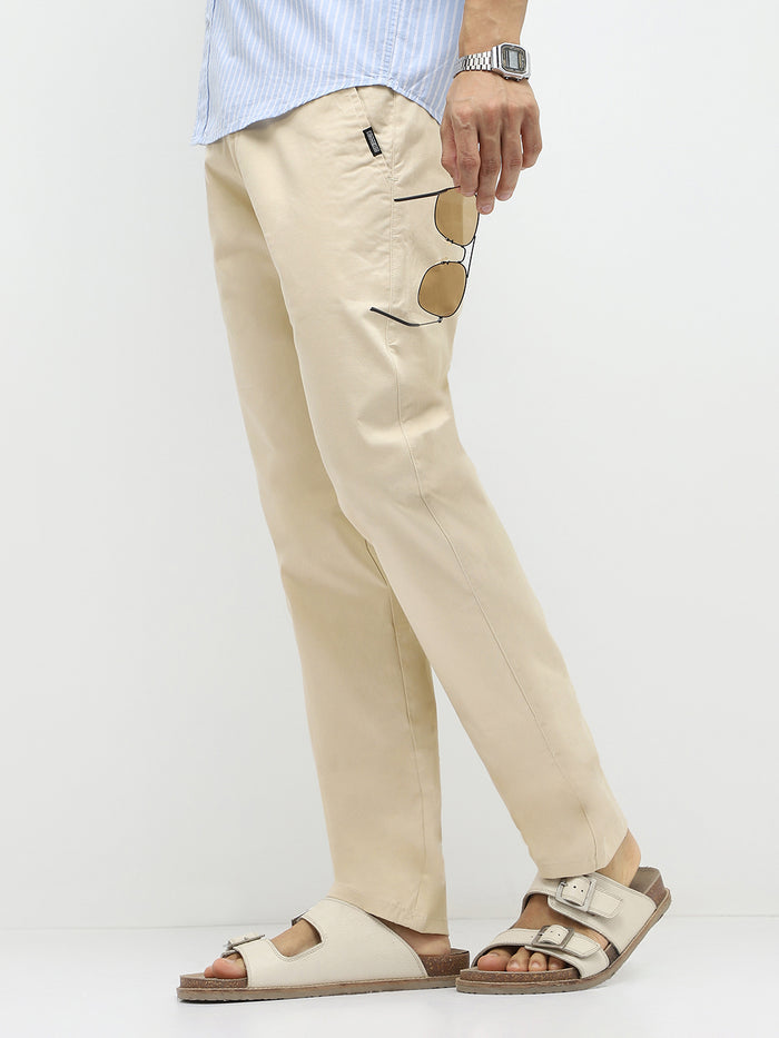 Men's Slim Fit Cream Casual Trousers Stretchable