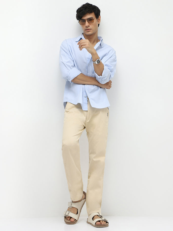 Men's Slim Fit Cream Casual Trousers Stretchable