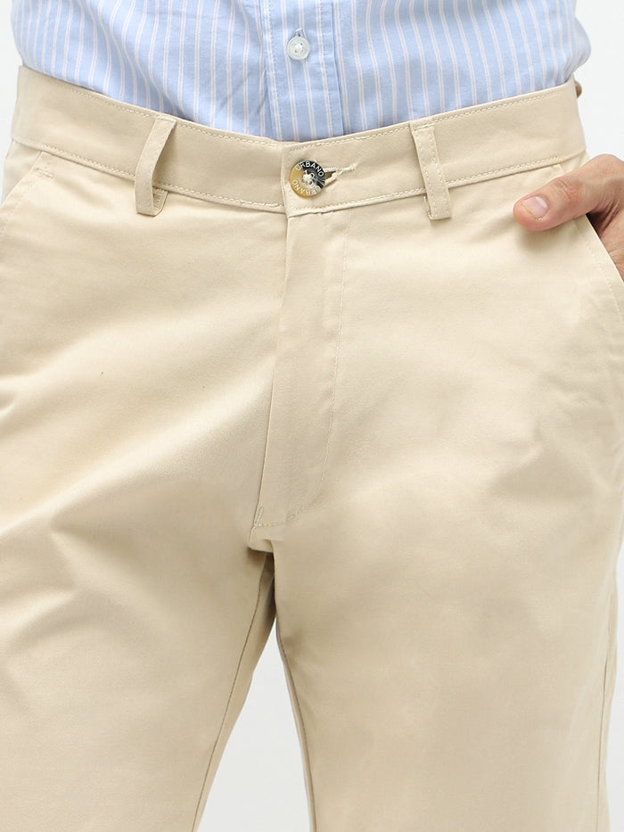 Men's Slim Fit Cream Casual Trousers Stretchable