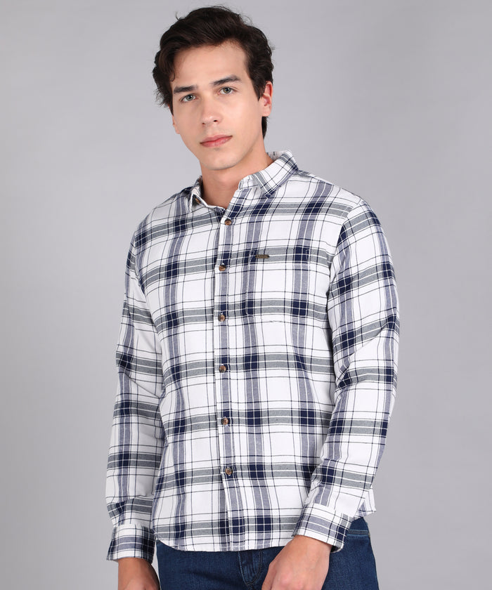 Men's White Cotton Full Sleeve Slim Fit Casual Checkered Shirt