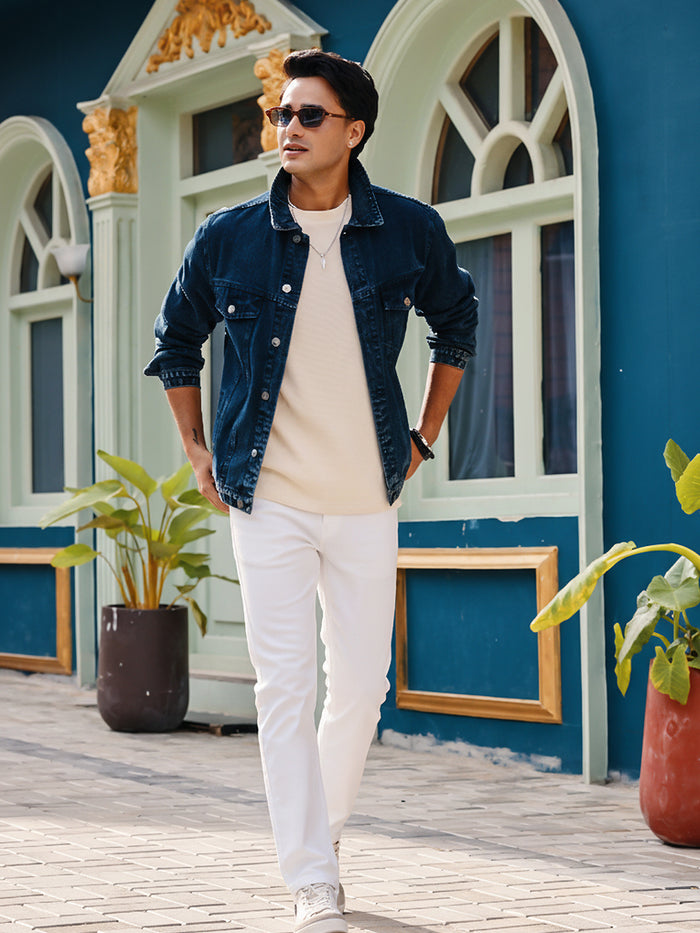 Men's White Cotton Slim Fit Casual Chinos Trousers